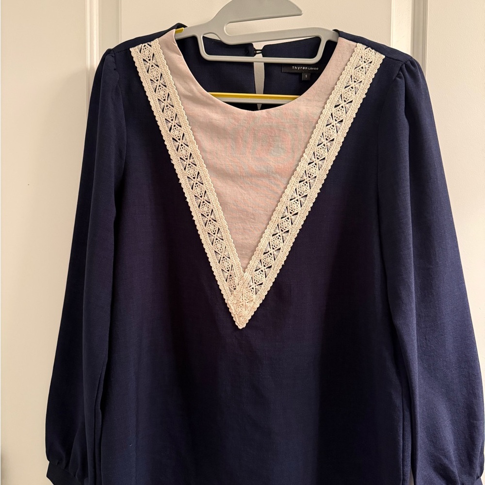 Navy Blouse with Lace Detail